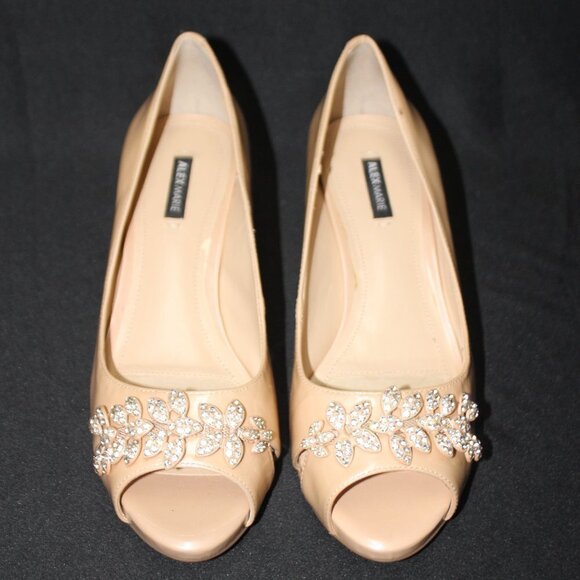 Alex Marie Patent Nude Beige Rhinestone Embellished Peep Toe Heels - Picture 13 of 15